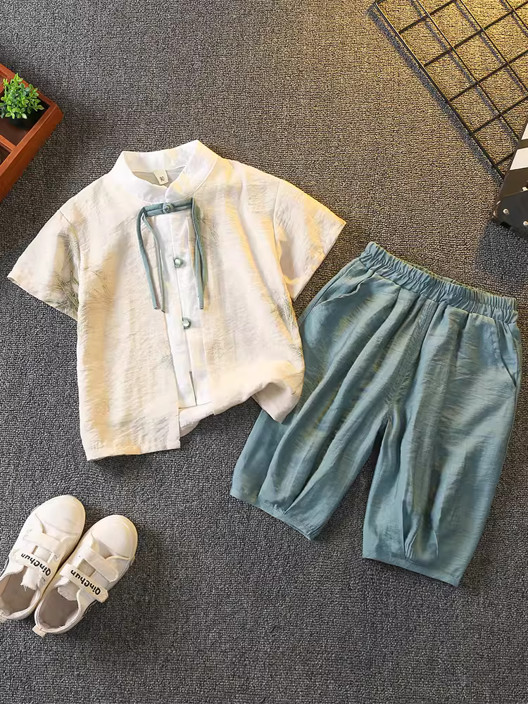 Trang phục mùa hè cho bé trai phong cách Trung Hoa mới áo ngắn tay Hanfu bé trai phong cách Trung Hoa mới trang phục biểu diễn phong cách Đường