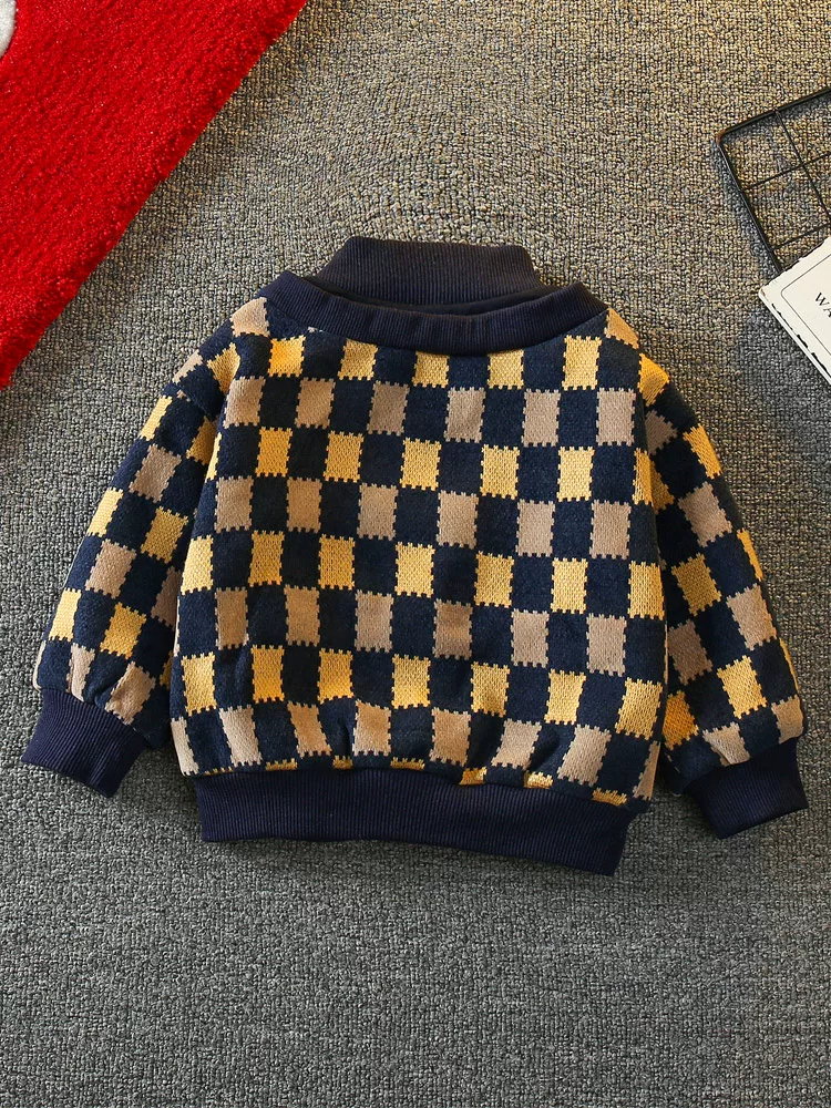 Áo len nỉ bé trai mùa đông 2025, quần áo trẻ em mới, thời trang, áo giữ ấm dày dặn tích hợp lớp lông cừu