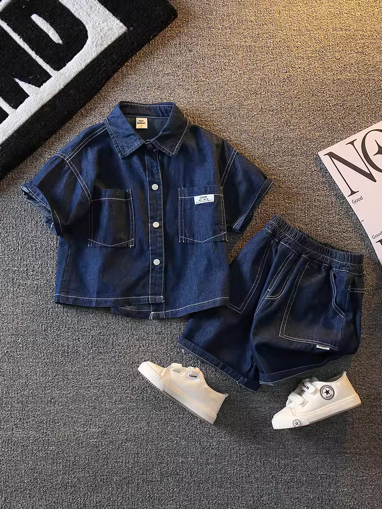 Bộ đồ bé trai hè 2025 mới thoáng mát, bộ trang phục hè bé trai chất liệu denim, áo ngắn tay hai mảnh, kiểu dáng thời trang