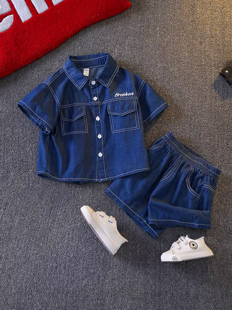 Bộ đồ denim trẻ em hè 2025 kiểu mới, thời trang cho bé trai, bộ hai mảnh tay ngắn, áo khoác denim đẹp trai cho bé trai