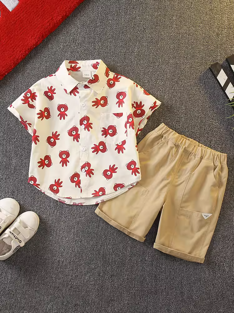 Bộ áo sơ mi bé trai 2025 kiểu Hàn Quốc mới, áo trẻ em mùa hè mỏng mát, bộ hai mảnh tay ngắn thời trang