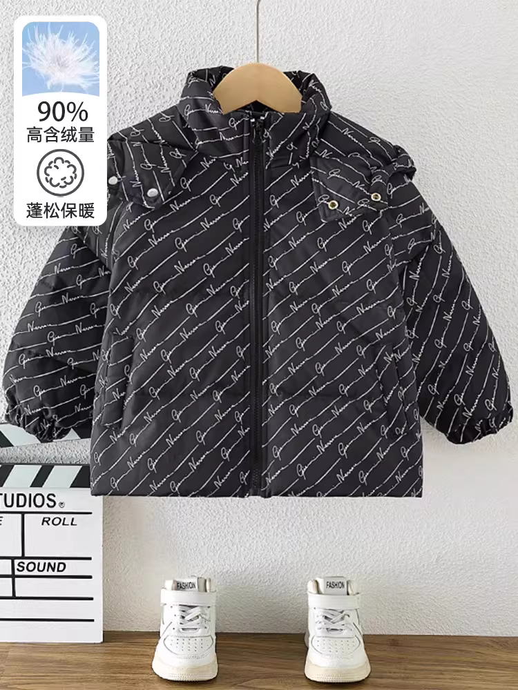 Áo khoác phao ba lớp cho bé trai, mẫu mới mùa đông 2025, áo dày, mặc mùa đông, kiểu ngắn, quần áo trẻ em, màu đen.