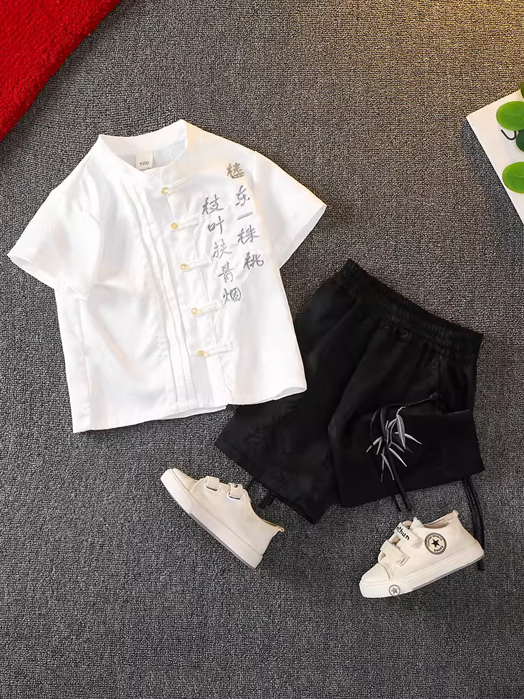 Quần áo mùa hè theo phong cách truyền thống của Trung Quốc dành cho bé trai, bộ đồ ngắn tay kiểu Hán phục theo phong cách Trung Quốc mới dành cho trẻ em, bộ đồ Tang cho trẻ sơ sinh, trang phục biểu diễn cổ điển kiểu mỏng dành cho bé trai.