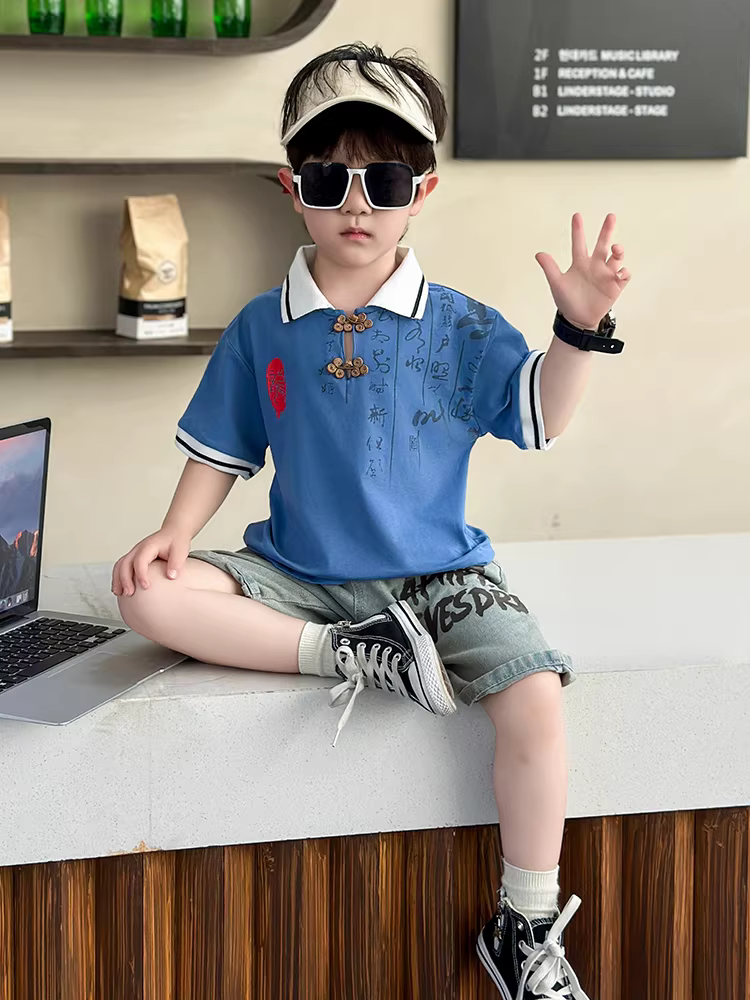 Quần áo mùa hè cho bé trai, bộ đồ kiểu Trung Quốc mới 2025, áo polo trẻ em thời trang mùa hè, áo ngắn tay kiểu truyền thống cho bé trai