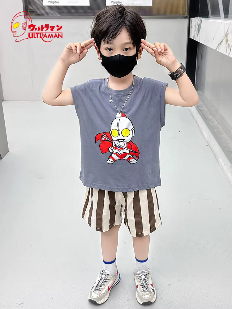 Bộ đồ hè ngắn tay cho bé trai năm 2025, kiểu đường phố Ultraman, chất liệu mỏng, thời trang