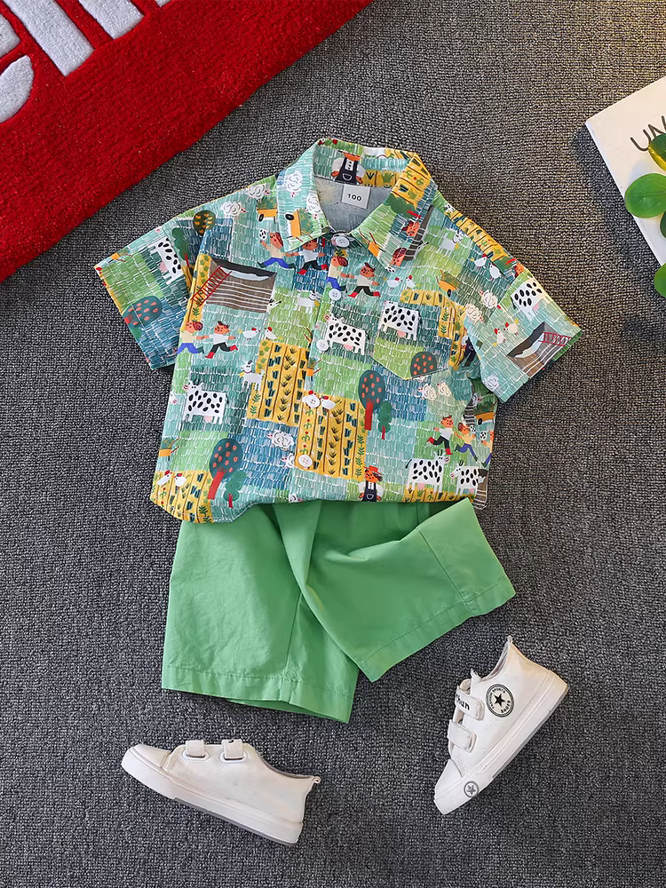 Bộ trang phục hè 2025 cho bé trai, quần áo trẻ em mới, kiểu dáng mùa hè ngắn tay, mát mẻ và đẹp trai, áo sơ mi hè thời trang cho bé trai, bộ sản phẩm hợp xu hướng