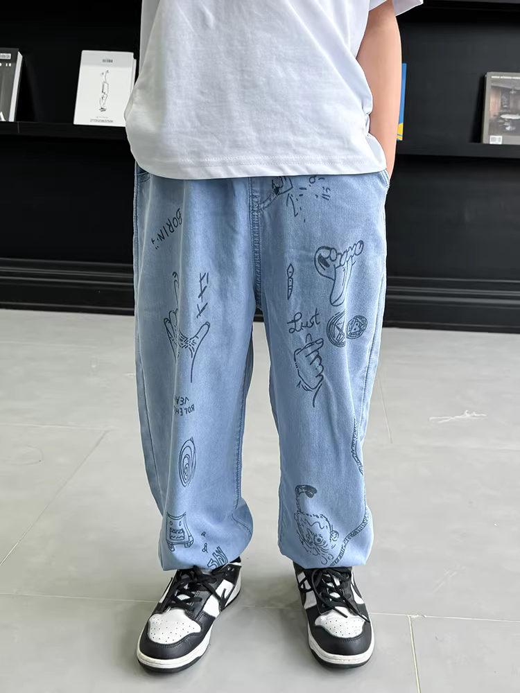 Quần chống muỗi cho bé trai, kiểu dáng mỏng mùa hè 2025, quần jean Tencel mới cho bé trai, quần lụa đá mát mẻ cho bé