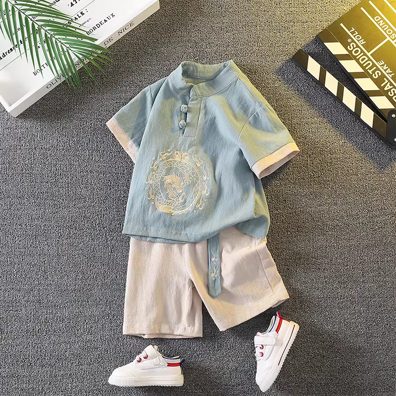 Bộ đồ hai mảnh bằng vải cotton và vải lanh phong cách Trung Quốc mùa hè dành cho bé trai Hanfu dành cho trẻ em Bộ đồ hai mảnh phong cách cổ xưa dành cho bé trai Bộ đồ phong cách cổ đại Tang phù hợp với trang phục biểu diễn trang trọng