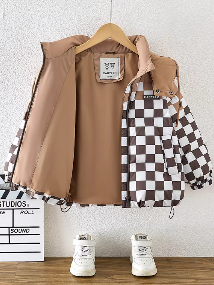 Áo khoác phao dày mùa đông cho bé trai 2025, quần áo mùa đông trẻ em mới, áo khoác có mũ, áo khoác ngắn thời trang cho bé trai, kiểu dáng hợp xu hướng