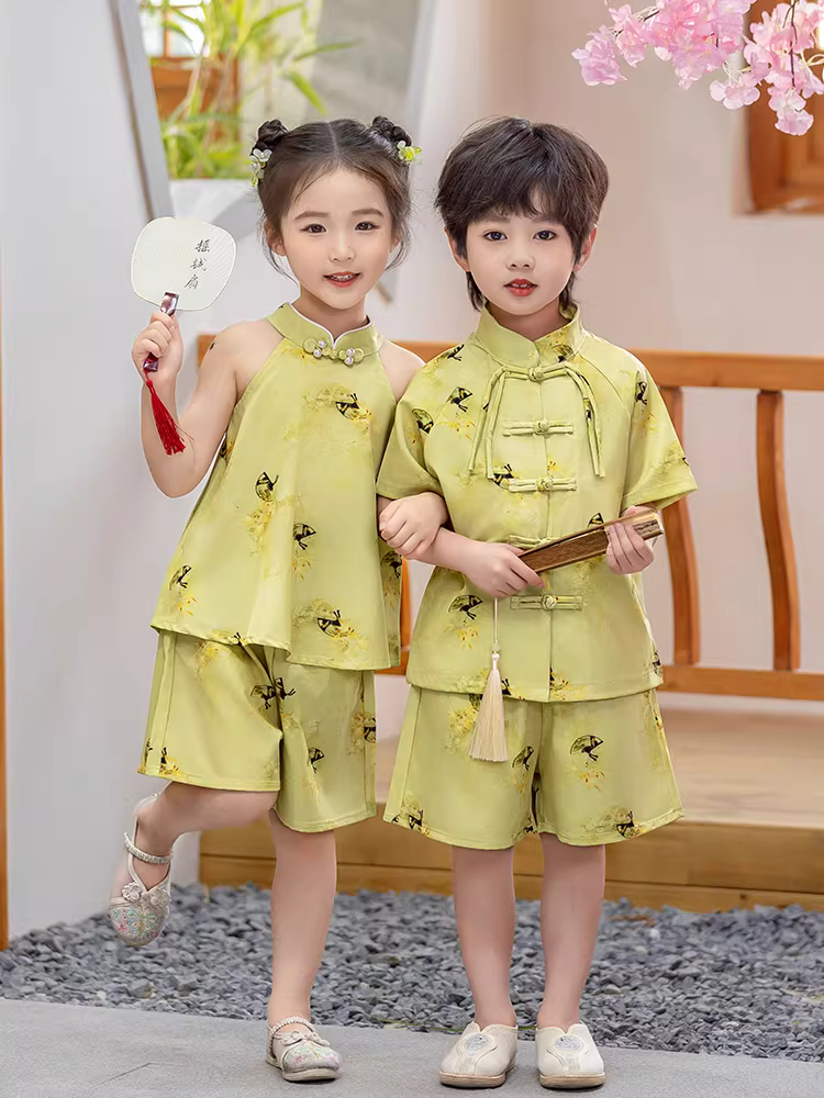 Trang phục mùa hè Hanfu cho bé trai, bộ đồ kiểu Trung Hoa cho bé gái, mẫu mới 2025, trang phục dân tộc kiểu Đường cho trẻ em, trang phục biểu diễn phong cách cổ xưa cho bé