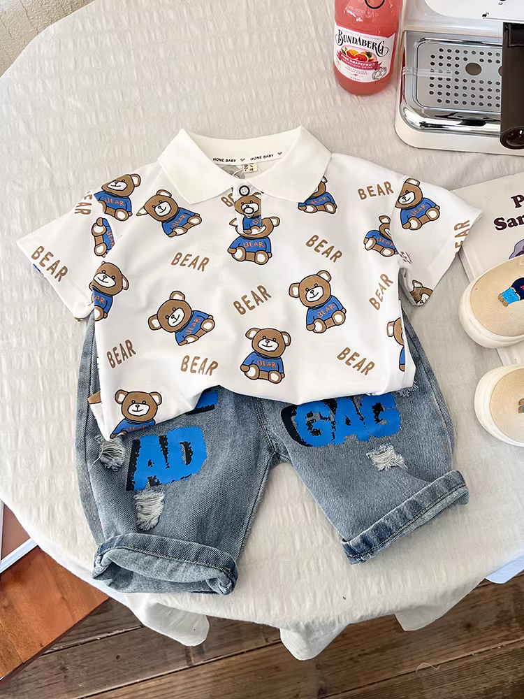 Bộ quần áo hè bé trai 2025 kiểu dáng mới thời trang áo polo sọc quần áo mùa hè ngắn tay cho bé trai