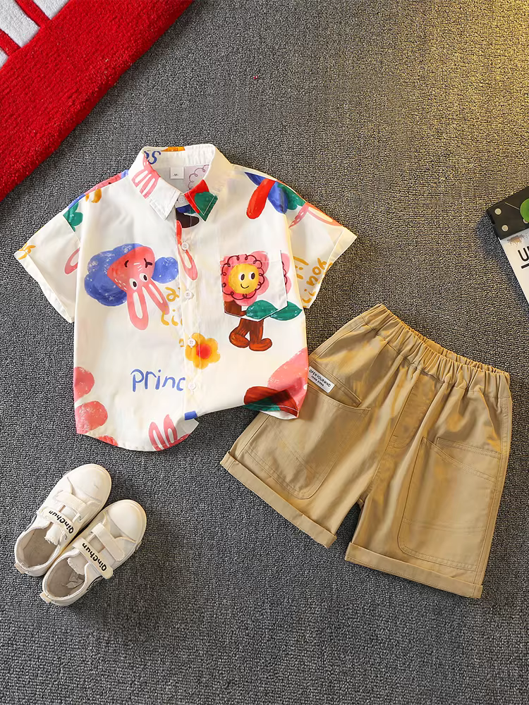 Bộ quần áo hè bé trai 2025 mới, phong cách Hàn Quốc, thời trang đường phố, áo thun ngắn tay cá tính