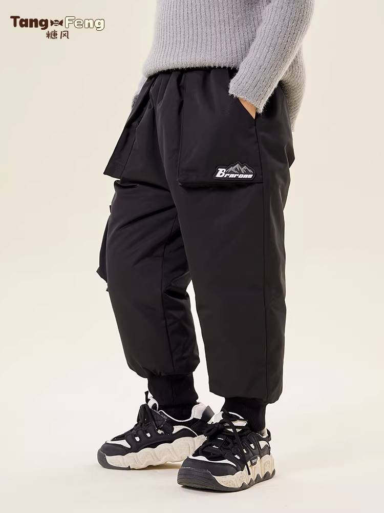 Quần lông vũ trẻ em nam mùa đông 2025, dày dặn, chống thấm ba lớp, quần cargo trẻ em, lưng thun, nhẹ, chất liệu bông lông vũ