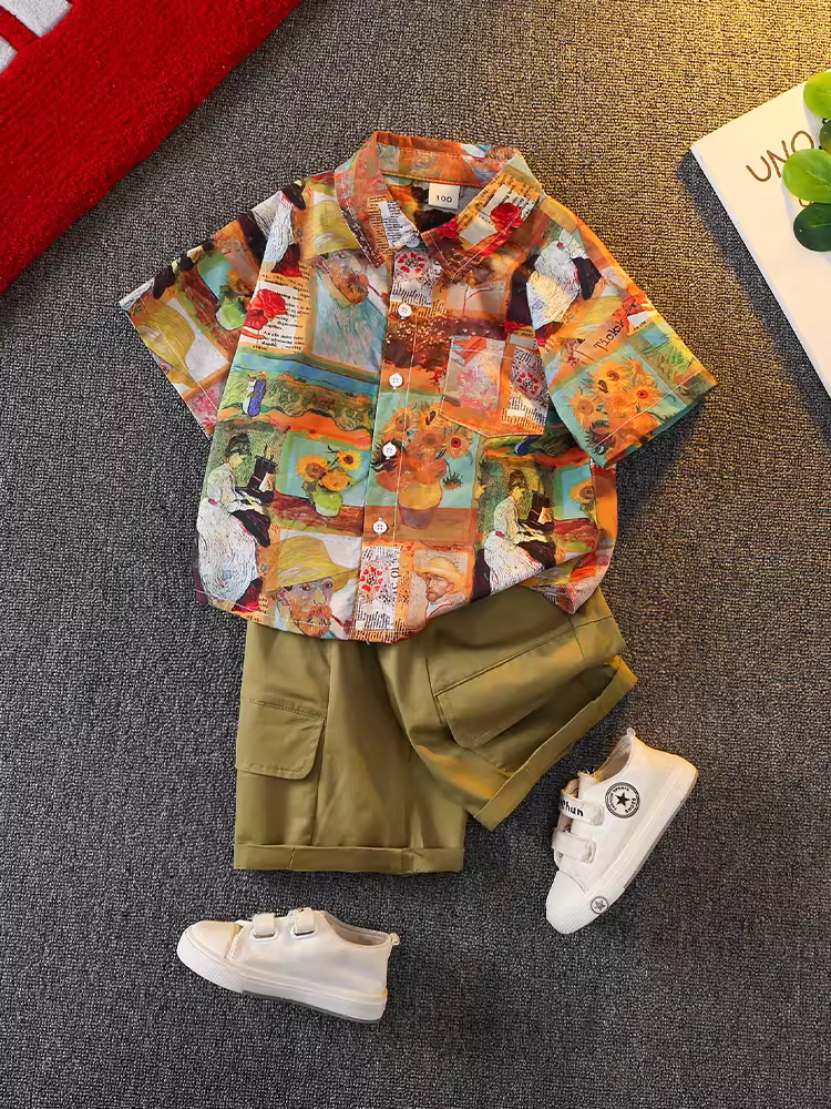 Quần áo mùa hè cho bé trai, bộ áo sơ mi trẻ em mát mẻ và sành điệu, quần áo ngắn tay trẻ em hợp thời trang mới, bộ hai mảnh mỏng mùa hè, hợp thời trang