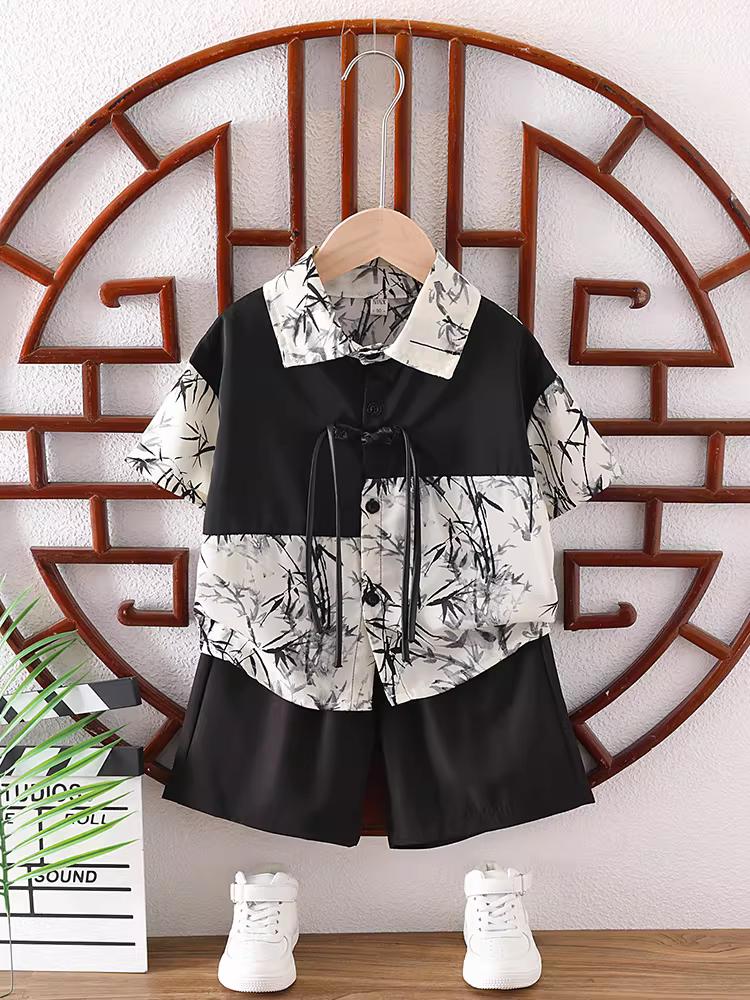 Trang phục mùa hè thời trang cho bé trai 2025, áo sơ mi ngắn tay trẻ em kiểu mới, mỏng, phong cách Hanfu Trung Hoa, kiểu Tang phục