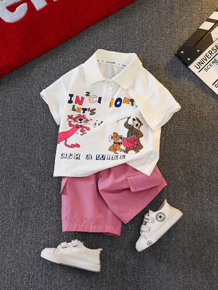 Bộ đồ hè bé trai 2025, quần áo trẻ em mới, kiểu dáng hè ngắn tay, bộ polo lịch lãm cho bé trai