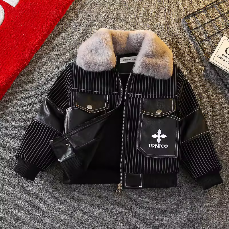 Áo khoác da lót lông cừu mới cho bé trai năm 2025, áo khoác mùa đông dày dặn cho trẻ em