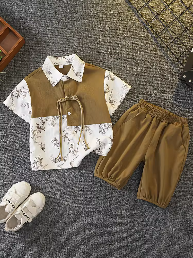 Trang phục mùa hè thời trang cho bé trai 2025, áo sơ mi ngắn tay trẻ em kiểu mới, mỏng, phong cách Hanfu Trung Hoa, kiểu Tang phục