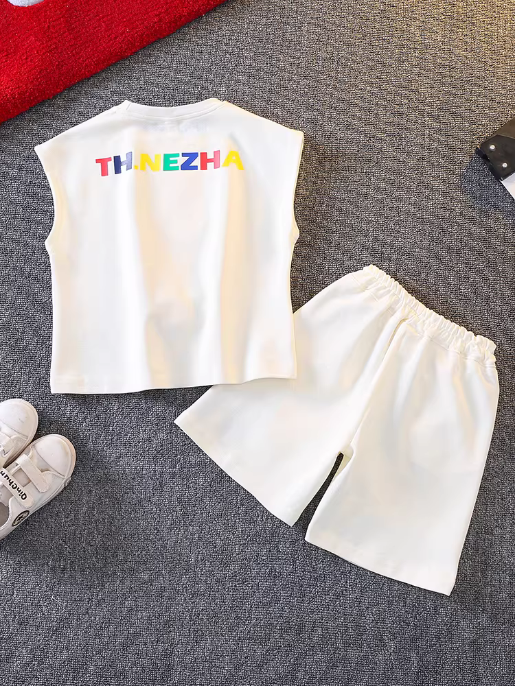 Bộ đồ Nezha cho bé trai, áo ba lỗ mùa hè, quần đùi hoạt hình, mẫu mới hè 2025, quần áo thể thao cho bé
