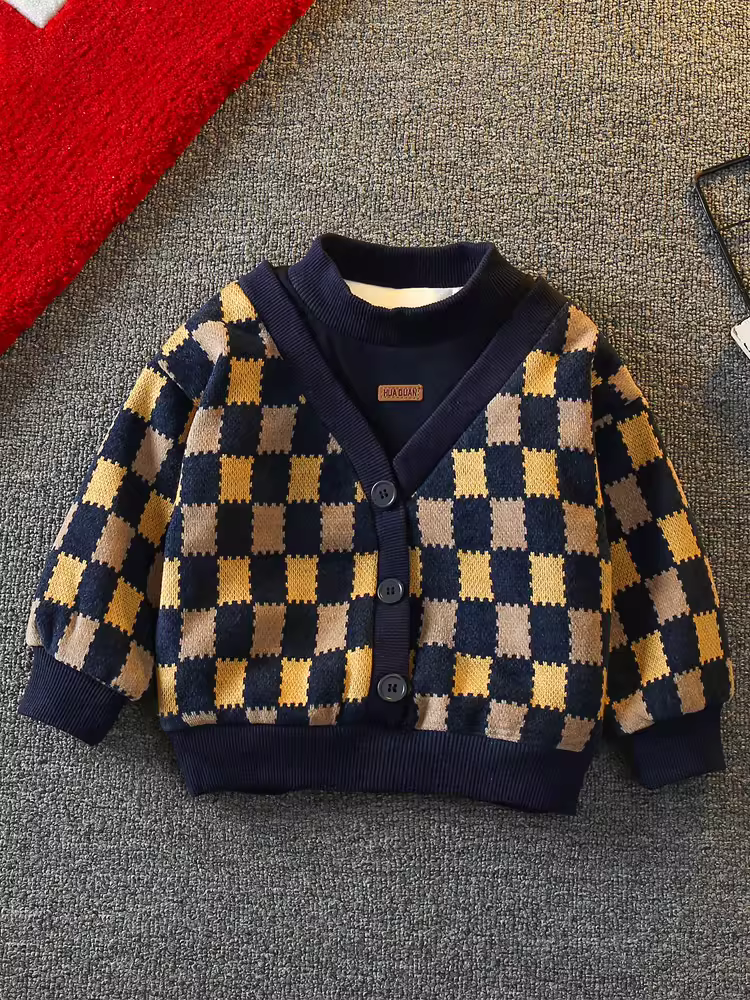 Áo len nỉ bé trai mùa đông 2025, quần áo trẻ em mới, thời trang, áo giữ ấm dày dặn tích hợp lớp lông cừu