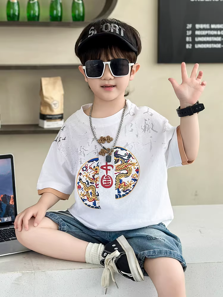 Bộ vest ngắn tay mùa hè cho bé trai kiểu mới 2025, trang phục trẻ em phong cách Trung Hoa mới, bé trai đẹp trai, thời trang trẻ em