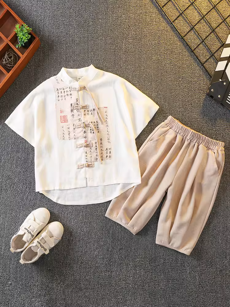 Bộ đồ mùa hè kiểu Hán phục cho bé trai, trang phục kiểu Trung Quốc mới cho bé, trang phục sinh nhật đầu tiên, trang phục mỏng kiểu truyền thống Trung Quốc cho trẻ em, trang phục biểu diễn mẫu giáo