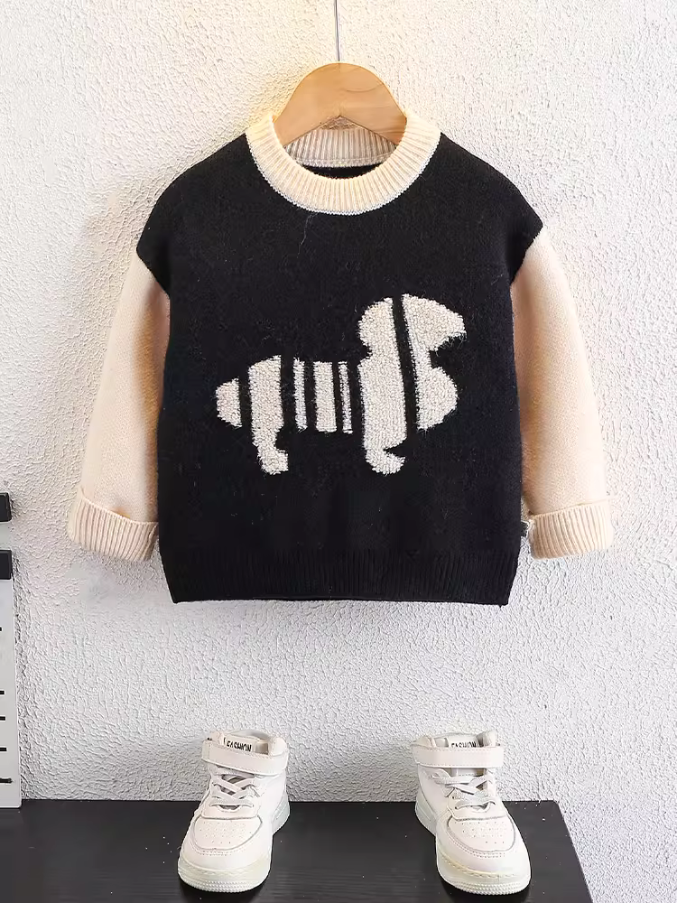 Áo len bé trai 2025 mẫu mới thu đông, áo len trẻ em cổ tròn họa tiết hoạt hình dày dặn, áo len dệt kim bé trai