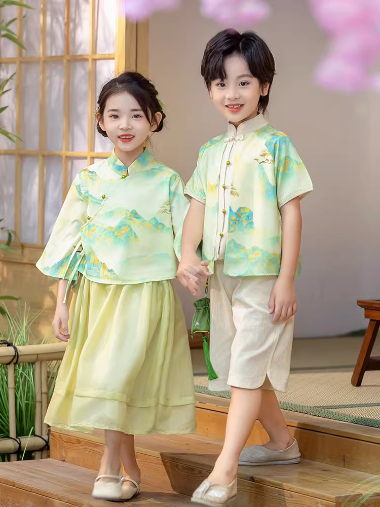 Trang phục mùa hè Hanfu đồng phục mẫu giáo được cải tiến theo phong cách Trung Hoa Đồng phục lớp biểu diễn Ngày thiếu nhi Trang phục biểu diễn phong cách cổ xưa Tranh phong cảnh phong cách Đường thời trang