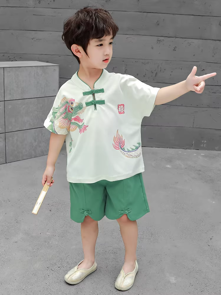 Bộ vest ngắn tay mùa hè cho bé trai kiểu mới 2025, phong cách Trung Hoa cổ điển, trang phục trẻ em, quần áo bé trai đẹp trai, phong cách cổ xưa