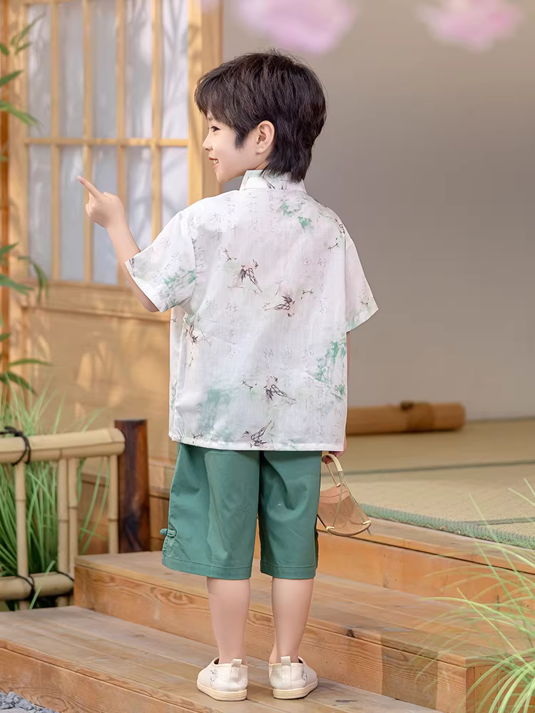 Bộ đồ kiểu Trung Hoa mới cho bé trai mùa hè 2025, trang phục phong cách dân tộc mới cho trẻ em, quần áo ngắn tay mùa hè cho bé trai