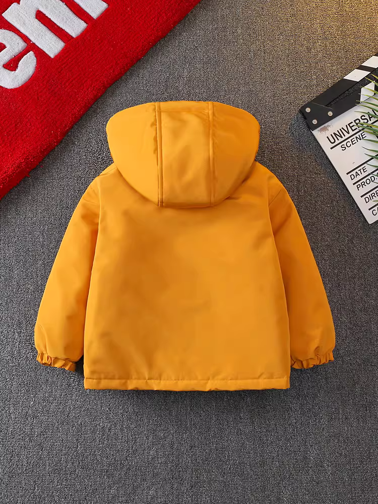 Áo khoác chần bông cho bé trai, áo khoác bảo hộ lao động có mũ trùm đầu cho trẻ em, áo mùa thu đông cho trẻ nhỏ, quần áo và áo khoác kiểu mới 2025