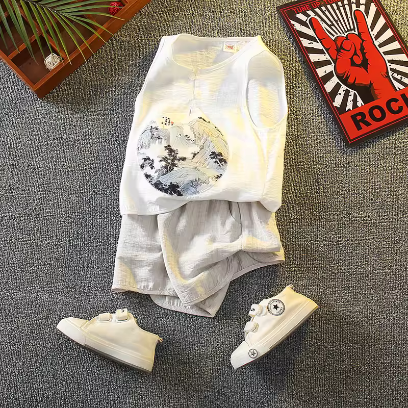 Bộ trang phục biểu diễn mùa hè kiểu Trung Quốc mỏng dành cho bé trai Hanfu, áo vest không tay, trang phục dân tộc kiểu Đường dành cho trẻ em