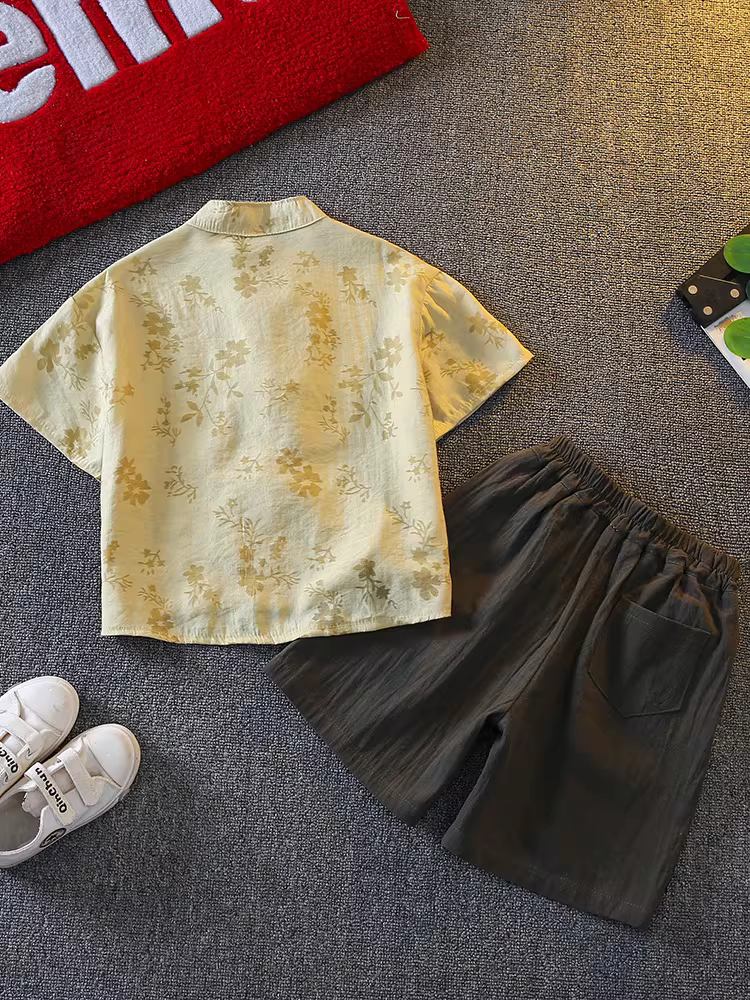 Bộ đồ mùa hè kiểu Trung Quốc mới năm 2025 dành cho bé trai, áo Hanfu ngắn tay, trang phục mùa hè thường ngày trẻ em thời trang, bộ đồ hai mảnh kiểu Tang dệt jacquard