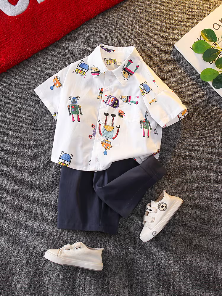 Bộ quần áo hè kiểu Hàn Quốc 2025 cho bé trai, áo thun ngắn tay in hình mới năm 2025, mát mẻ, thời trang, đa năng