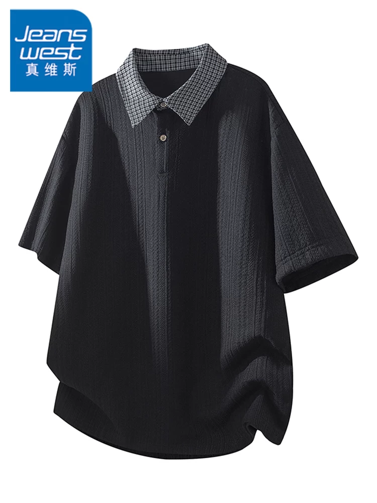 Áo thun kẻ sọc giả hai mảnh tay lửng của Jeanswest dành cho nam, áo thun ngắn tay rộng rãi, thoáng khí, mùa xuân hè.