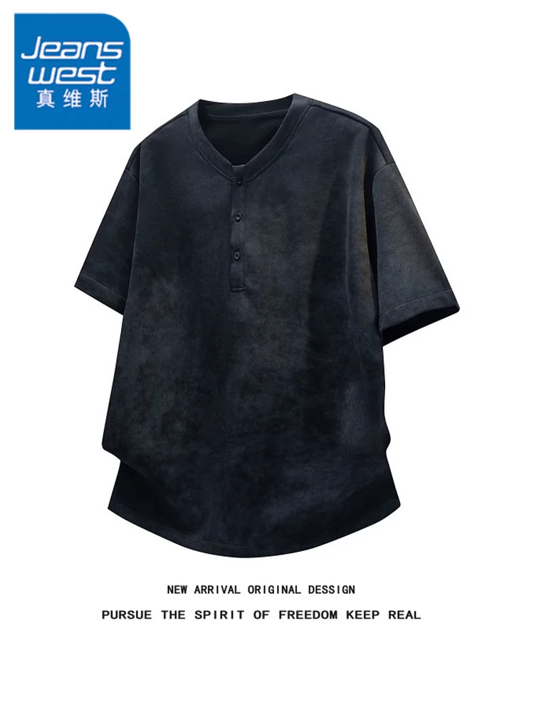 Áo thun cổ nửa hở nhuộm màu kiểu Mỹ của Jeanswest dành cho nam, thương hiệu thời trang cao cấp mùa hè, áo ngắn tay rộng rãi và thoáng khí.
