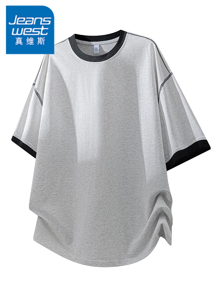 Áo thun cổ tròn phối màu phong cách Mỹ của Jeanswest dành cho nam, áo thun ngắn tay cao cấp mùa hè, rộng rãi, hợp thời trang, thoáng khí, thân thiện với làn da.