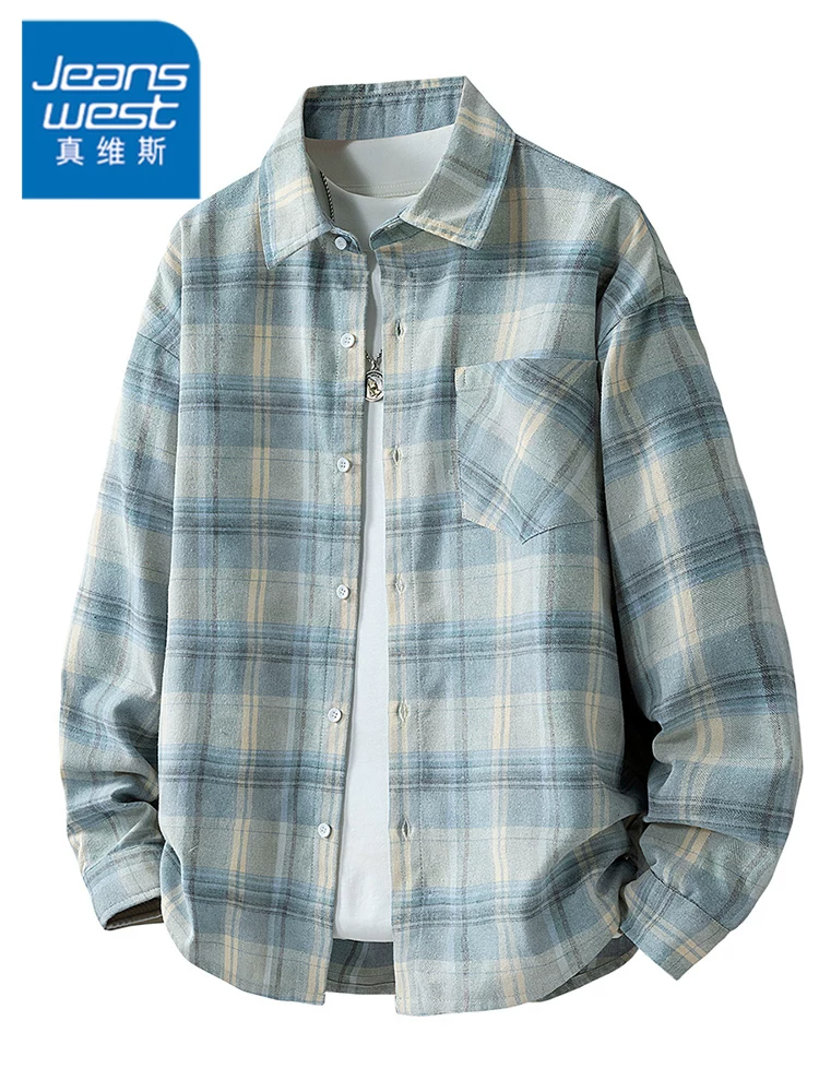 Áo sơ mi cổ bẻ kẻ sọc màu sắc phong cách Mỹ của Jeanswest dành cho nam, thương hiệu thời trang xuân thu, áo dáng rộng thông thường cao cấp.