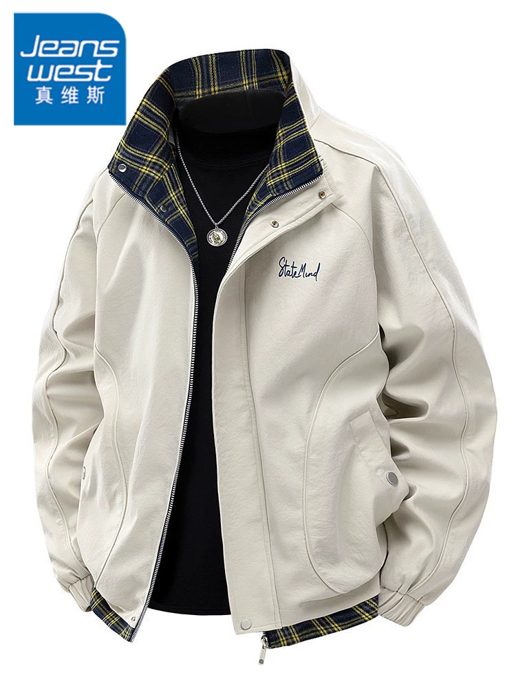 Áo khoác cổ đứng kẻ sọc giản dị phong cách Mỹ của Jeanswest dành cho nam giới, áo khoác công sở giả hai mảnh hợp thời trang mùa xuân.