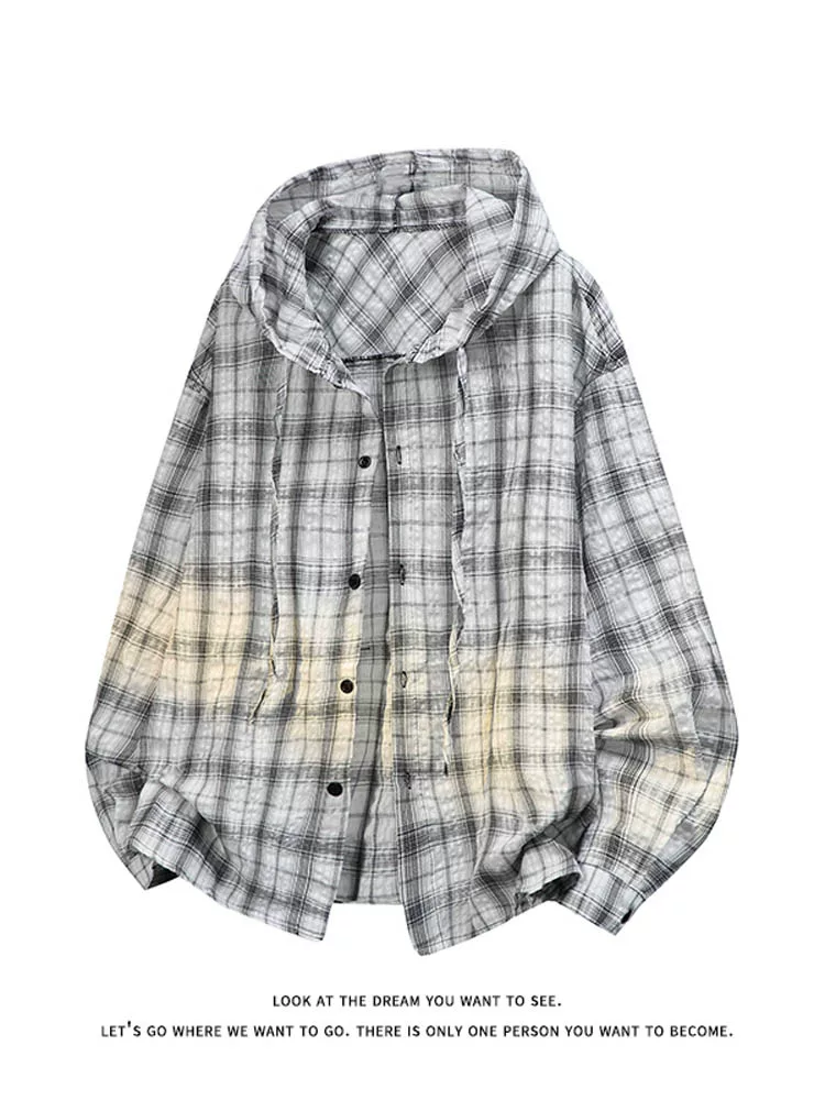 Áo sơ mi kẻ sọc có mũ trùm đầu phong cách Mỹ của Jeanswest dành cho nam, mùa xuân thu, dáng rộng cao cấp, áo khoác thời trang và đa năng.