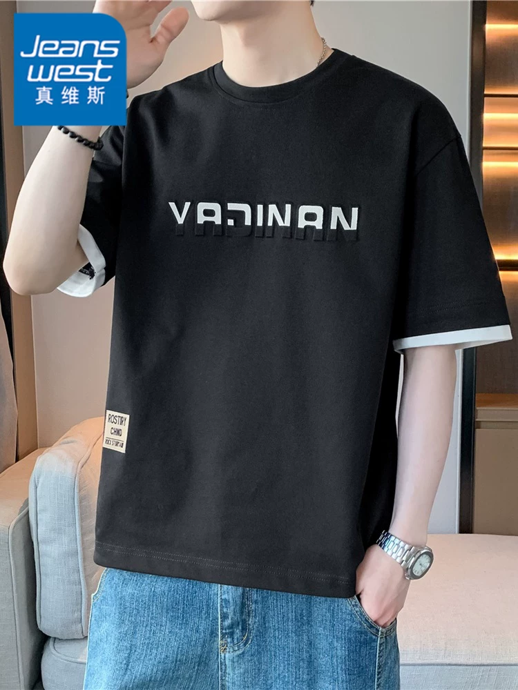 Áo thun ngắn tay in chữ thương hiệu thời trang phong cách Mỹ của Jeanswest dành cho nam, mùa xuân hè, áo màu đen rộng rãi, thoáng khí, phong cách giản dị.