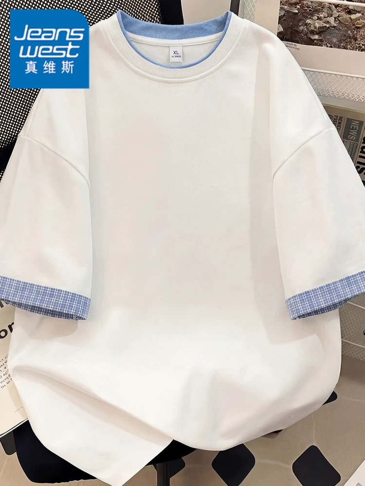 Áo thun cổ tròn giả hai mảnh phối màu phong cách Mỹ của Jeanswest dành cho nam, áo thun ngắn tay thoáng khí, thân thiện với làn da, dáng rộng, mát mẻ, mùa hè.