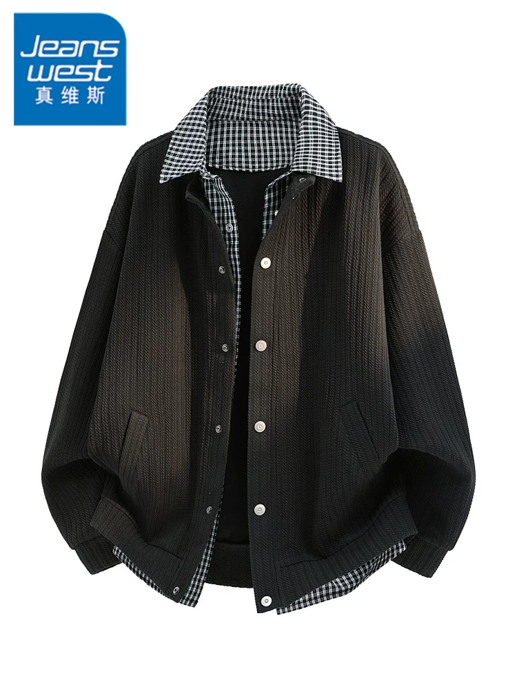 Áo khoác có ve áo chắp vá kẻ sọc cao cấp của Jeanswest dành cho nam giới, áo khoác ngoài dáng rộng phong cách Mỹ hợp thời trang mùa xuân thu.