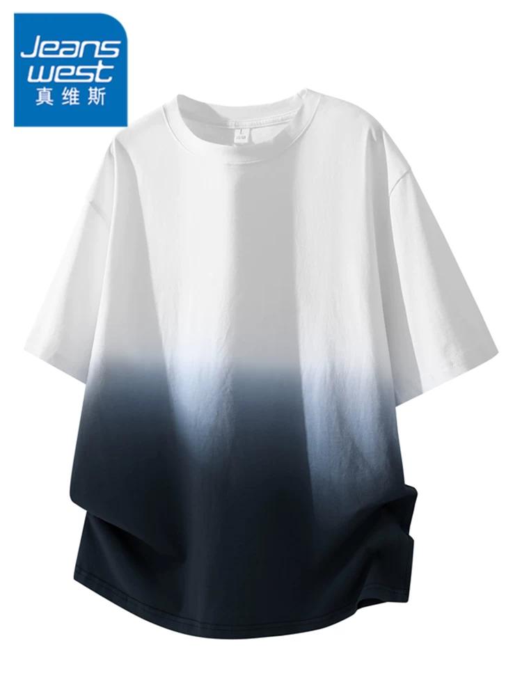 Jeanswest 100% cotton nguyên chất áo thun ngắn tay cổ tròn màu gradient dành cho nam mùa xuân hè dáng rộng thông thường thoáng khí