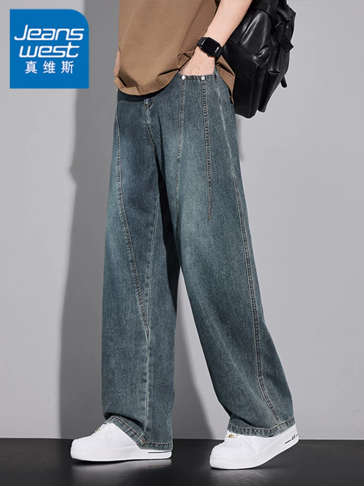 Quần jeans ống rộng dáng thẳng kiểu Mỹ Jeanswest dành cho nam, mùa xuân thu, quần dài rộng rãi cao cấp, phong cách thường ngày.