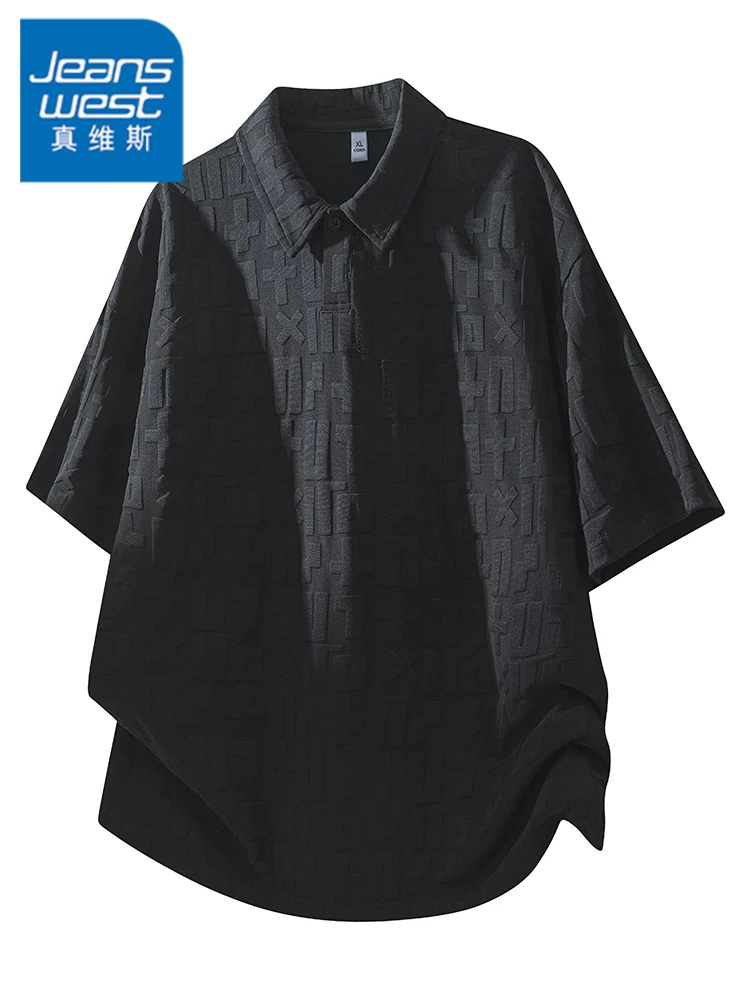 Áo polo nam Jeanswest kẻ sọc retro, tay ngắn, kiểu dáng rộng rãi, đa năng, màu đen, thích hợp cho mùa xuân và mùa hè.