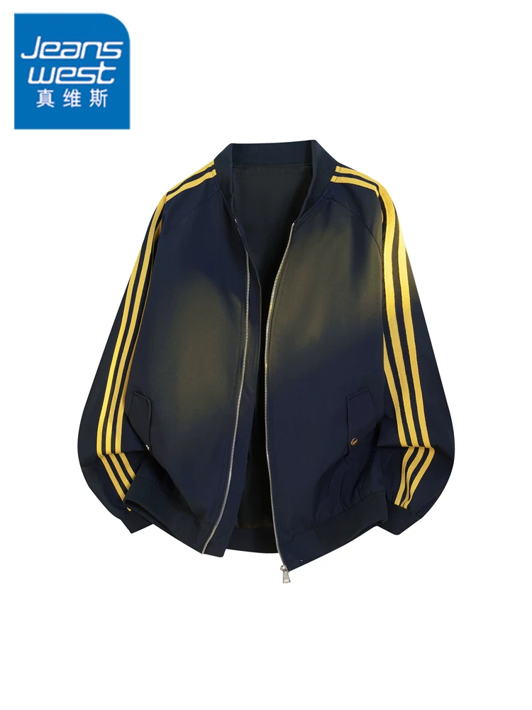 Áo khoác thường ngày cổ bóng chày ba sọc kiểu Mỹ của Jeanswest dành cho nam, mùa xuân và mùa thu, áo khoác rộng rãi, thoáng mát cao cấp.