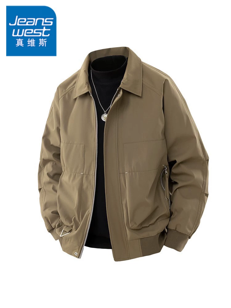 Áo khoác phi công kiểu Mỹ của Jeanswest dành cho nam, mùa xuân, cổ áo lật, áo khoác công sở phong cách cổ điển.