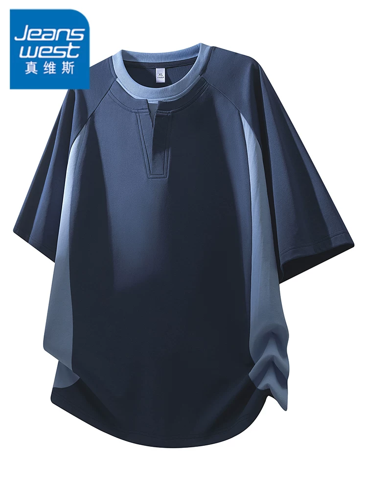 Áo thun cổ tròn phối màu cao cấp phong cách Mỹ của Jeanswest dành cho nam, thương hiệu thời thượng mùa hè, áo ngắn tay rộng rãi, thoáng khí, phong cách thường ngày.