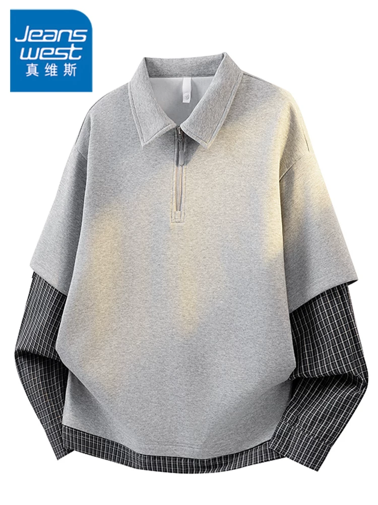 Áo len kẻ sọc giả hai mảnh cổ bẻ của Jeanswest dành cho nam, áo kiểu dáng rộng rãi, thoải mái, đa năng cho mùa xuân và mùa thu.